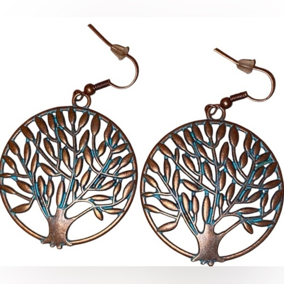 FOLK ART INSPIRED EARRINGS Tree of Life Copper Turquoise Colored Round Design - Picture 2 of 5